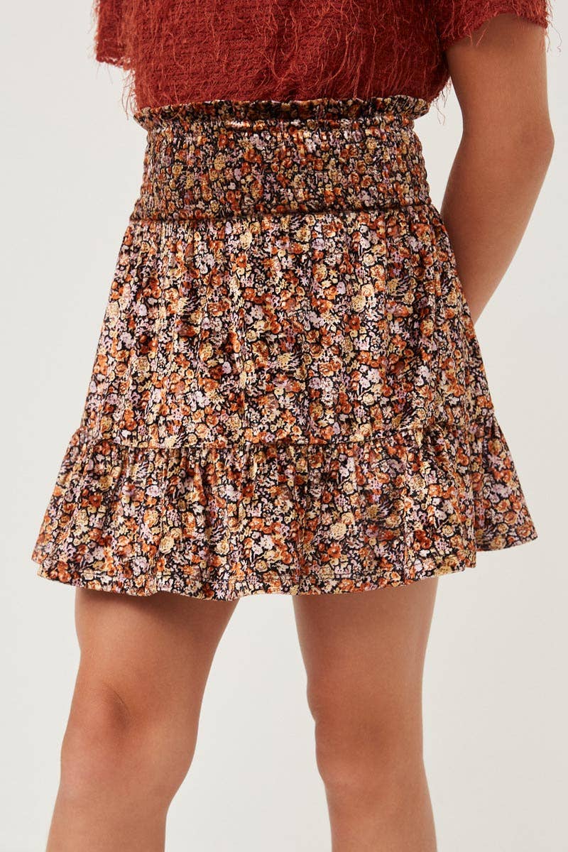 Girls Floral Velvet Smocked Tiered Skirt