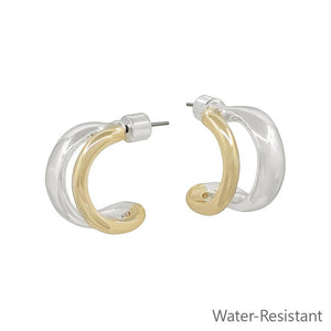Water Resistant Gold and Silver Open Double Layered .75" Huggie Hoop Earring
