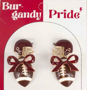 Burgandy and White Gameday Bow and Football 1.75" Earring