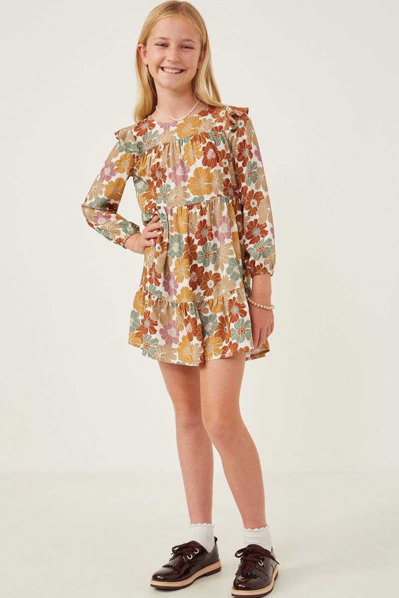 Girls Mixed Floral Print Ruffle Shoulder Dress