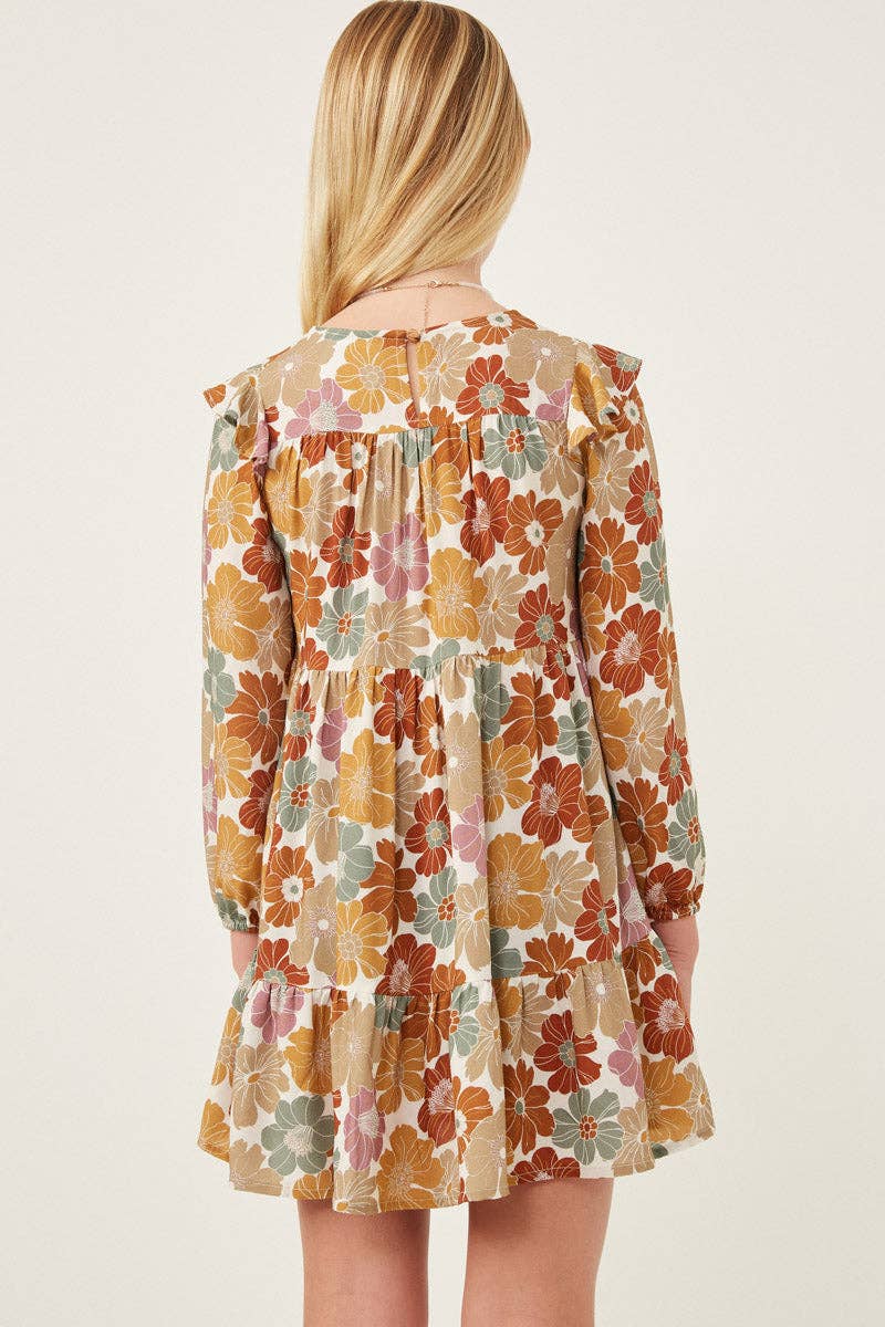 Girls Mixed Floral Print Ruffle Shoulder Dress