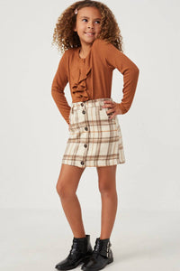 Girls Ruffle Front Buttoned Ribbed Knit Top