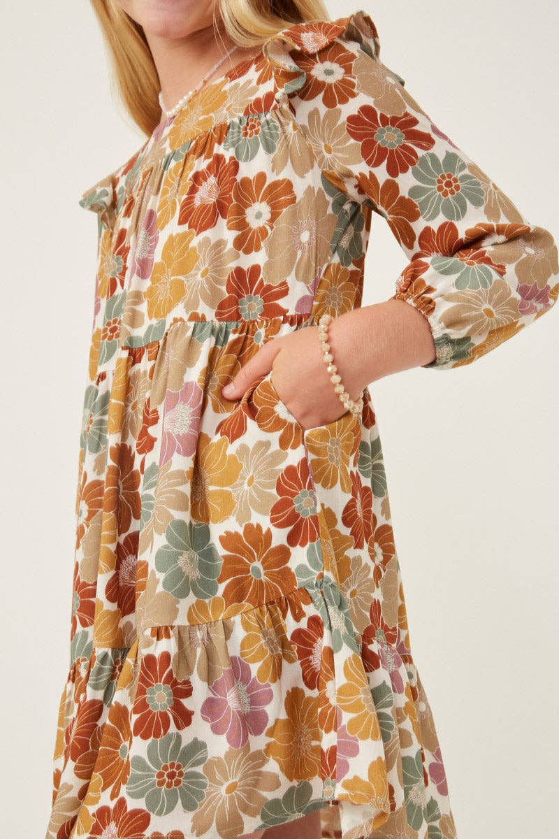 Girls Mixed Floral Print Ruffle Shoulder Dress