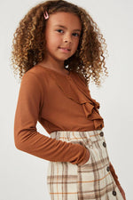 Load image into Gallery viewer, Girls Ruffle Front Buttoned Ribbed Knit Top
