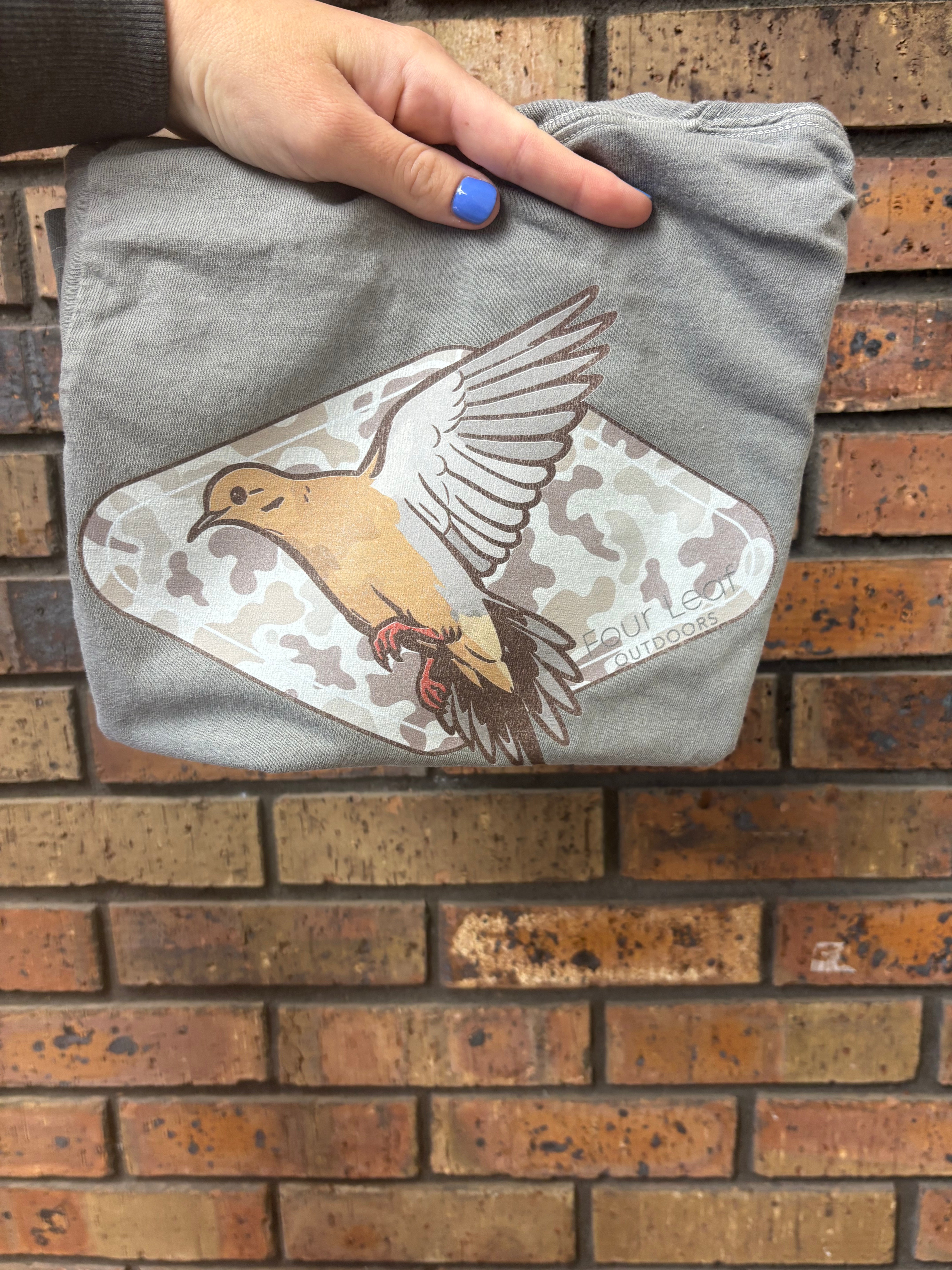 Dove with Camo on Comfort Colors Grey
