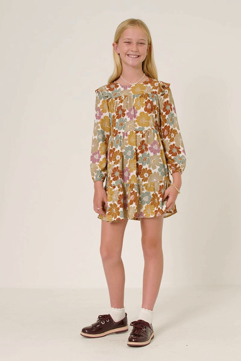 Girls Mixed Floral Print Ruffle Shoulder Dress