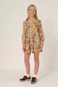 Girls Mixed Floral Print Ruffle Shoulder Dress