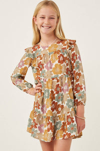 Girls Mixed Floral Print Ruffle Shoulder Dress