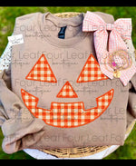 Load image into Gallery viewer, Pumpkin Face Gildan Sweatshirt- CAMO and ORANGE PLAID
